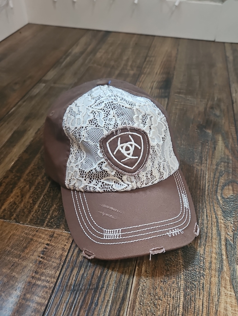 Ariat Womens Distressed Western Farm Brown Lace Trucker Cap with Ariat Patch